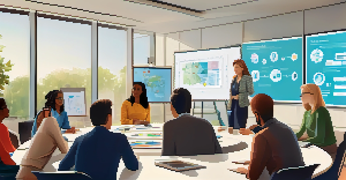 A group of educators from various backgrounds discussing AI in education at a round table, with digital devices and charts.