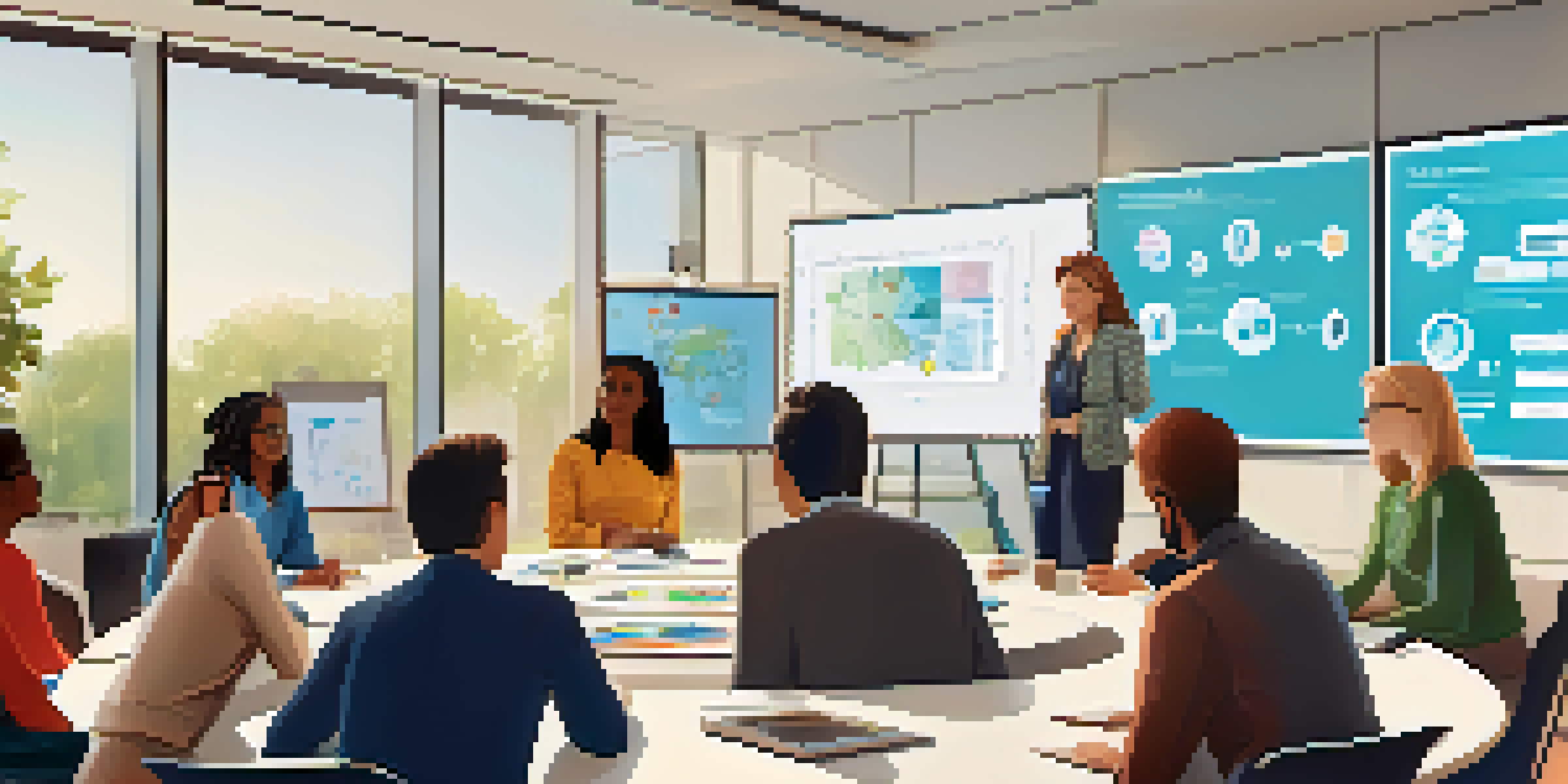 A group of educators from various backgrounds discussing AI in education at a round table, with digital devices and charts.