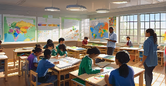 A classroom with students and a teacher working on a STEM project together, surrounded by educational materials and sunlight.