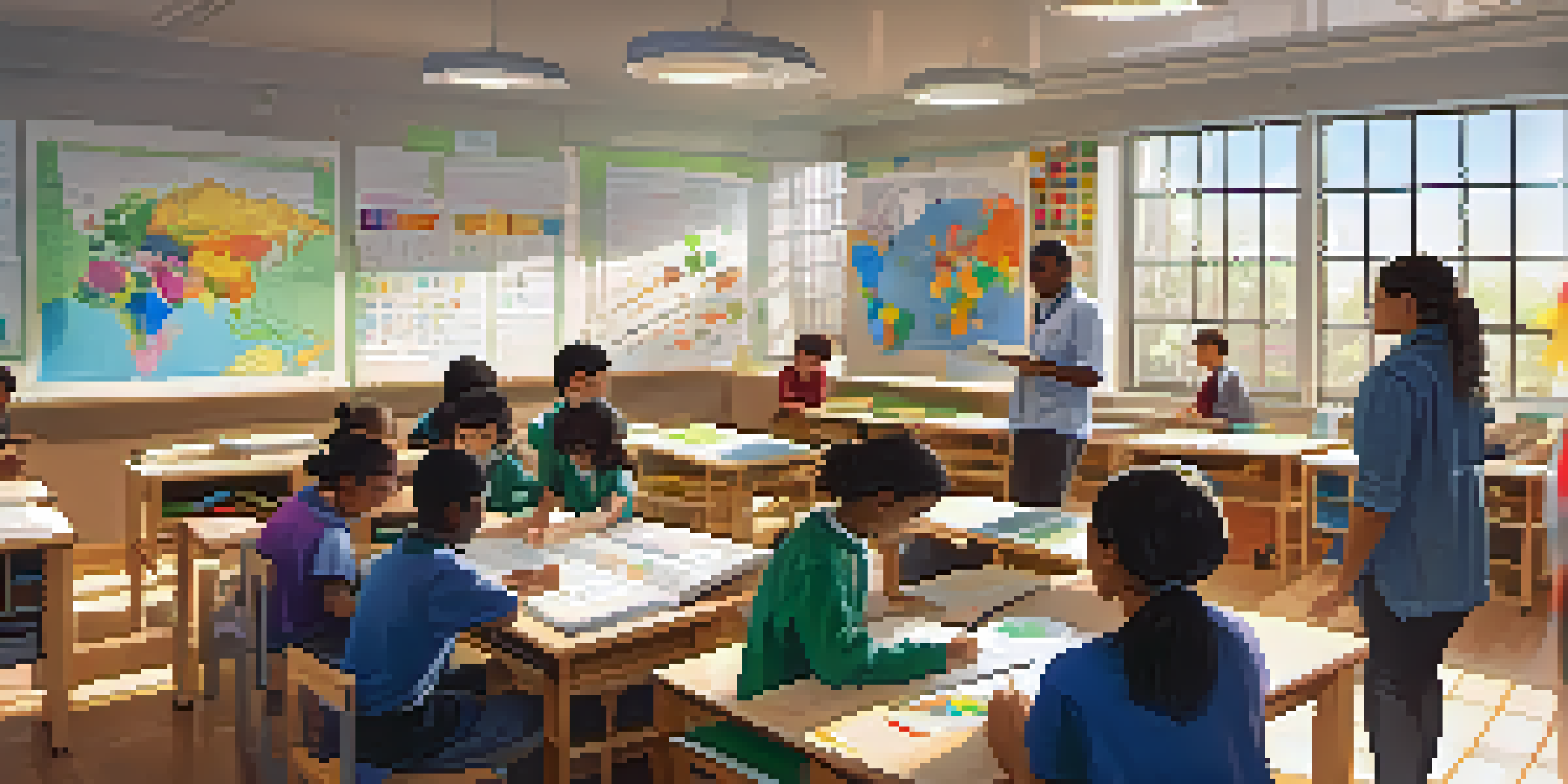 A classroom with students and a teacher working on a STEM project together, surrounded by educational materials and sunlight.