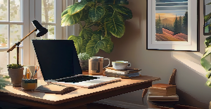A warm, inviting home office with a desk, laptop, coffee cup, and plants, illustrating a comfortable remote learning environment.
