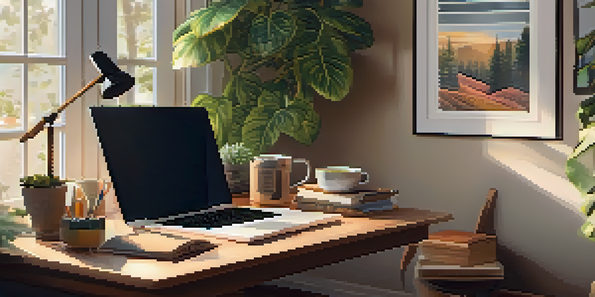 A warm, inviting home office with a desk, laptop, coffee cup, and plants, illustrating a comfortable remote learning environment.