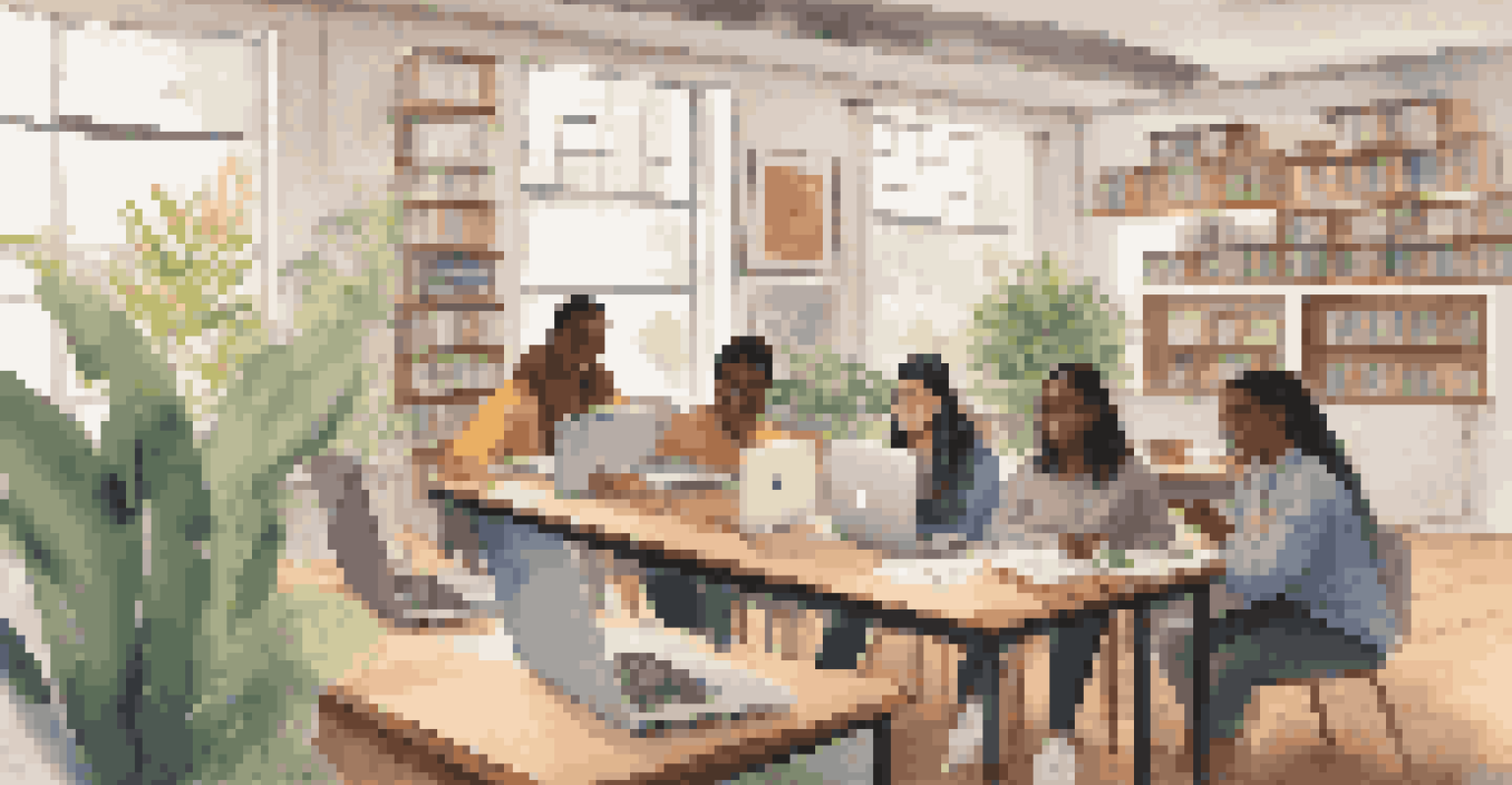 Students in a cozy study area engaging in a virtual volunteering session via laptops, interacting with community members online.