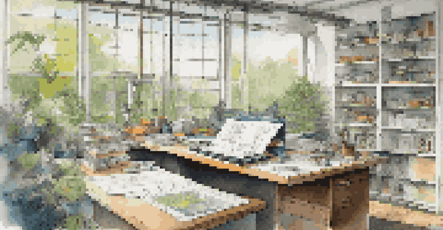 An architect's workspace filled with blueprints, sketches, and design tools, with a view of a green park outside.