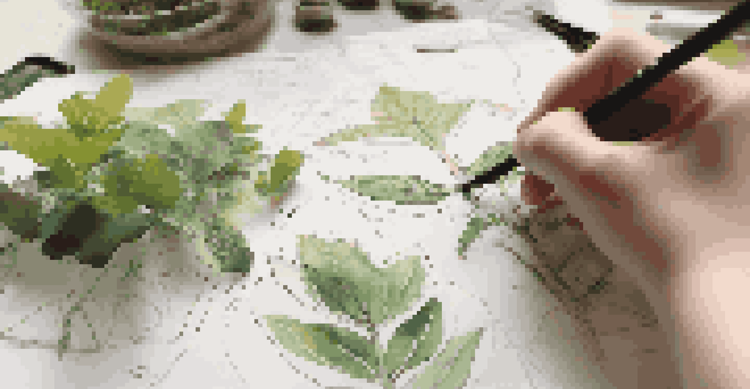 A close-up of a student's hands sketching designs for a sustainable garden project, surrounded by research materials and plant samples.