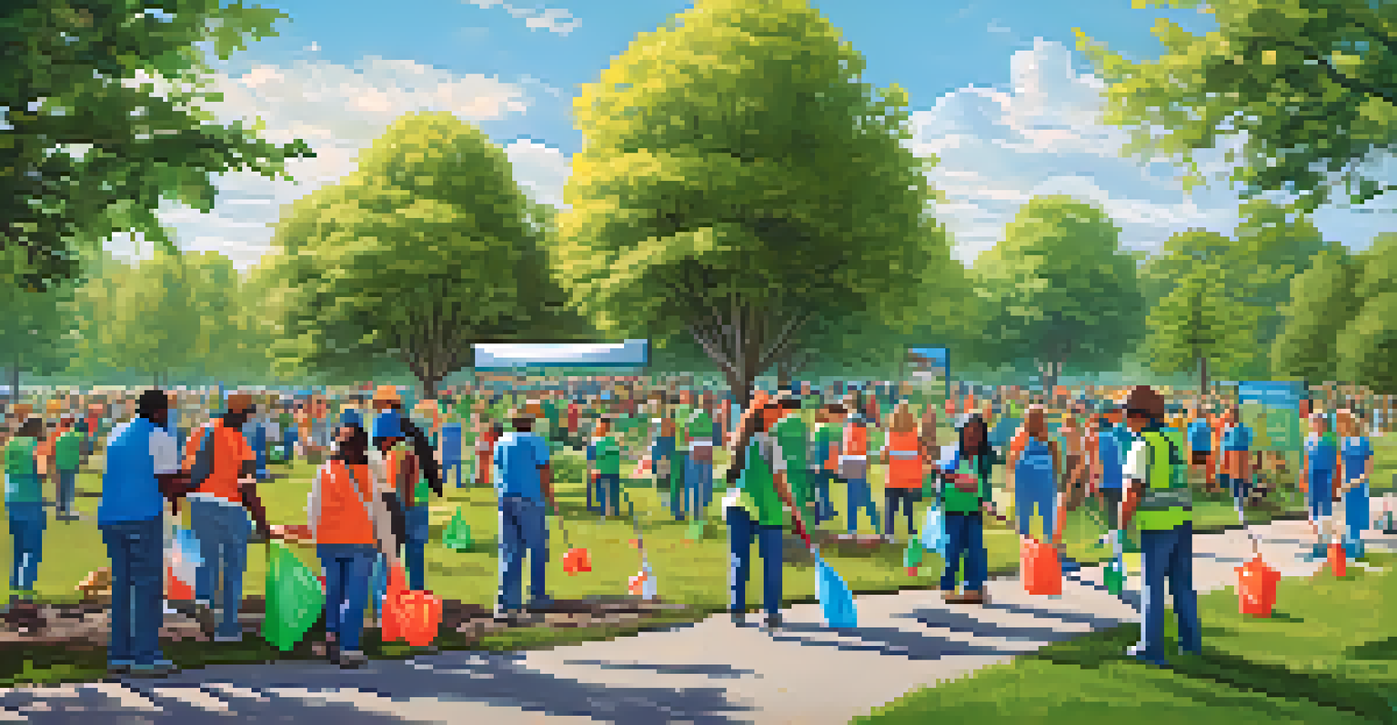 Volunteers of various ages participating in a community clean-up event in a park, surrounded by trees and a clear sky.