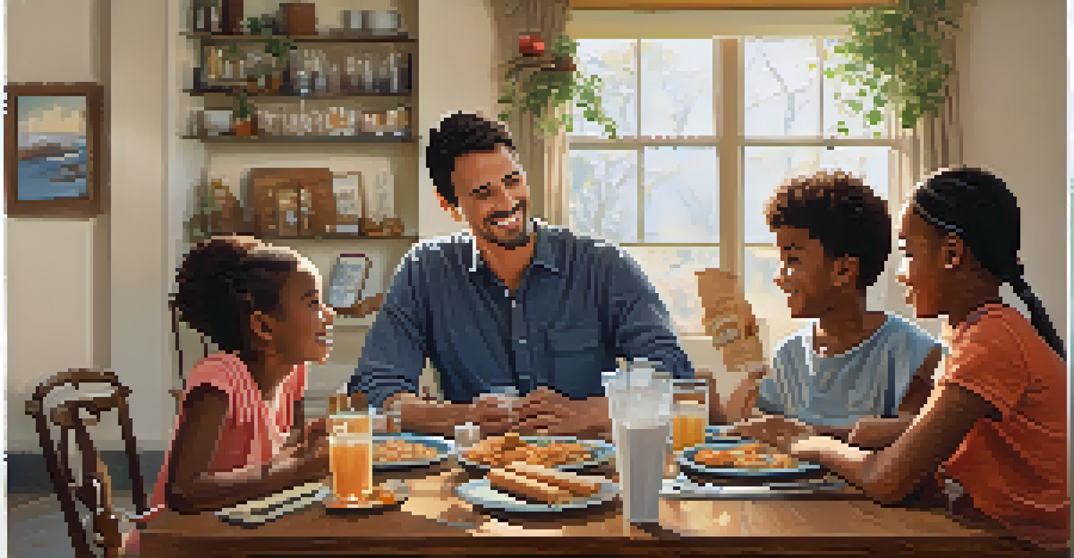 A teacher discussing their experiences at a dining table with family members, emphasizing open communication and support.
