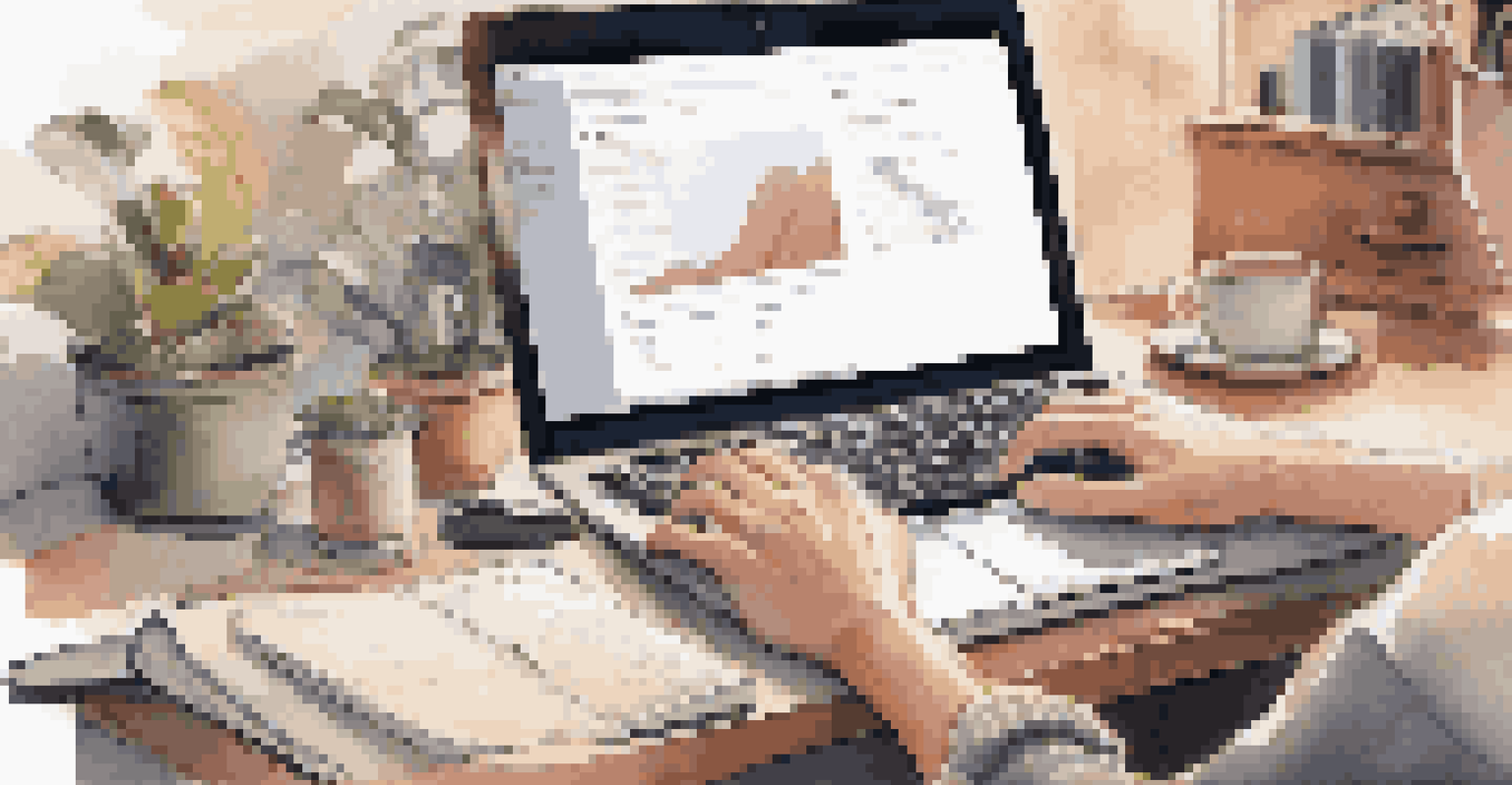 A close-up view of hands typing on a laptop with coffee and study materials in a cozy workspace.