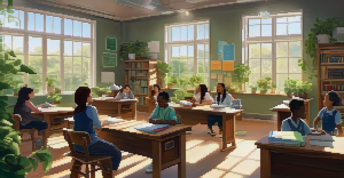 A bright and inviting classroom filled with educators of diverse backgrounds discussing and collaborating, with sunlight streaming in and plants enhancing the environment.