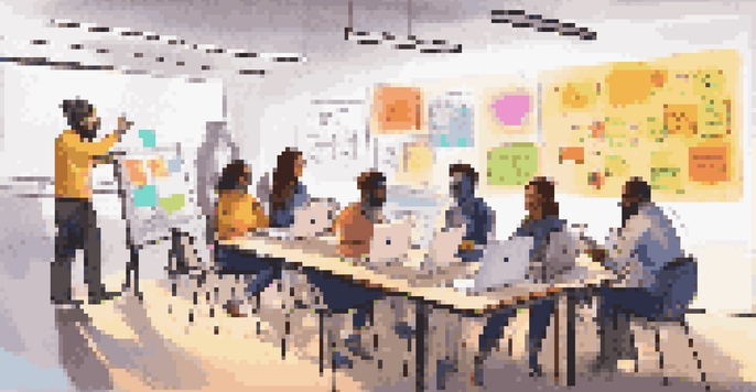 A group of diverse learners collaborating in an online learning community, surrounded by colorful sticky notes and laptops, engaged in a brainstorming session.