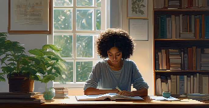 A young woman practicing mindfulness at a wooden desk filled with books and notes, with soft morning light coming through a window.