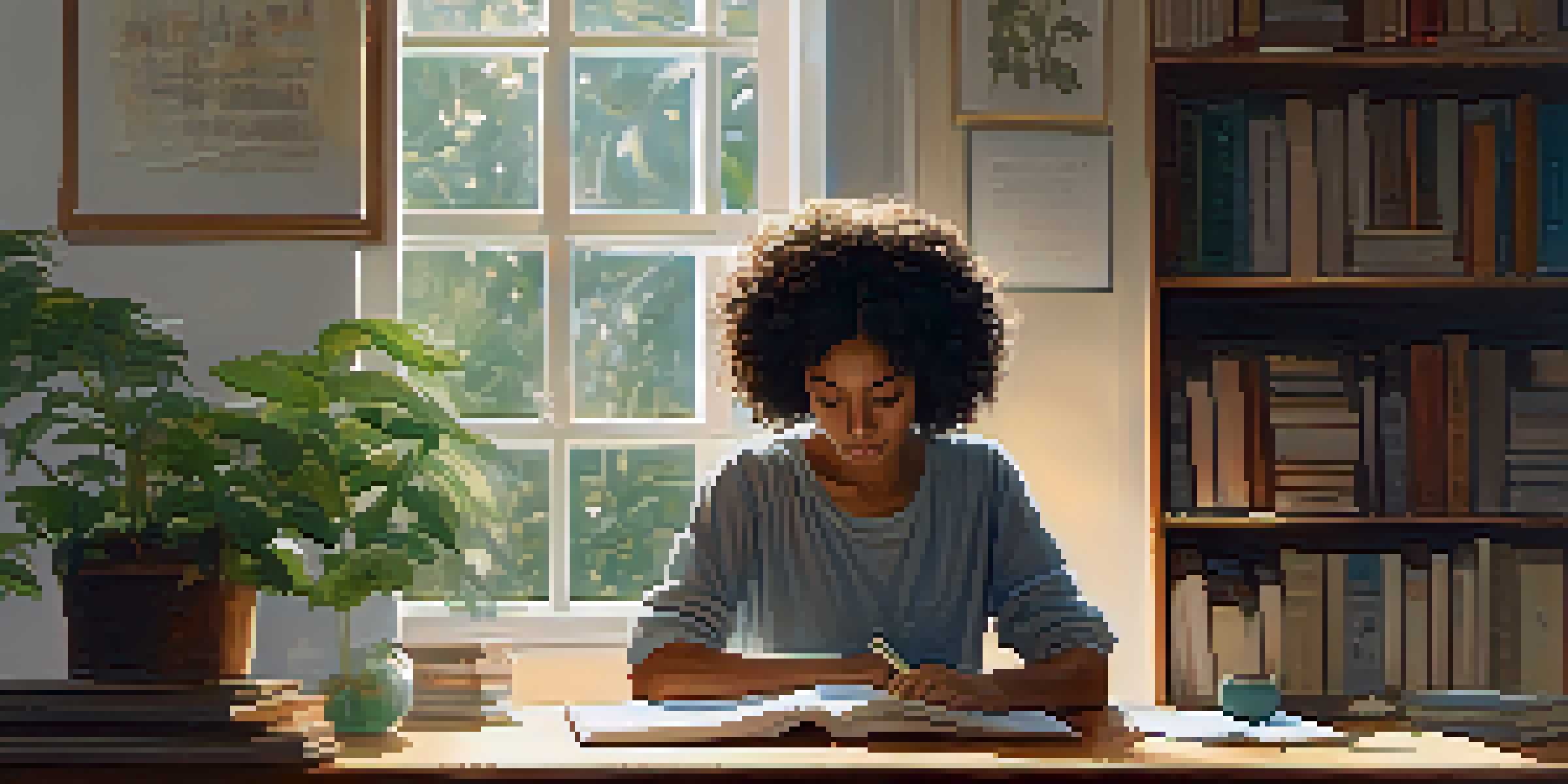 A young woman practicing mindfulness at a wooden desk filled with books and notes, with soft morning light coming through a window.