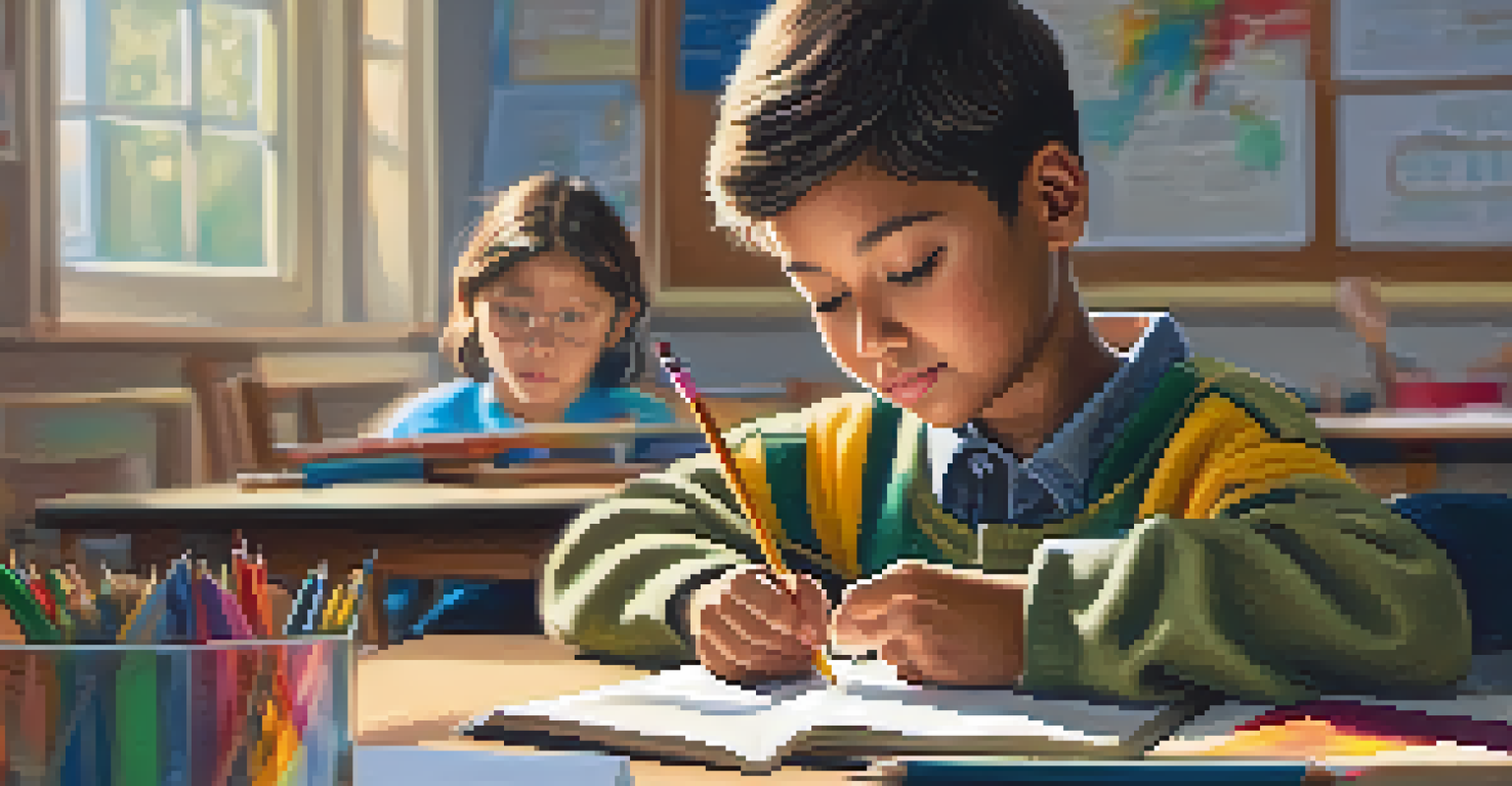 A close-up of a student engaged in an assessment, seated at a desk with a pencil, in a cozy and colorful classroom.