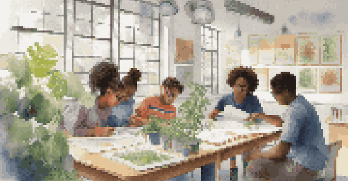 A diverse group of students collaborating on a science project, surrounded by plants and equipment, in a bright classroom.