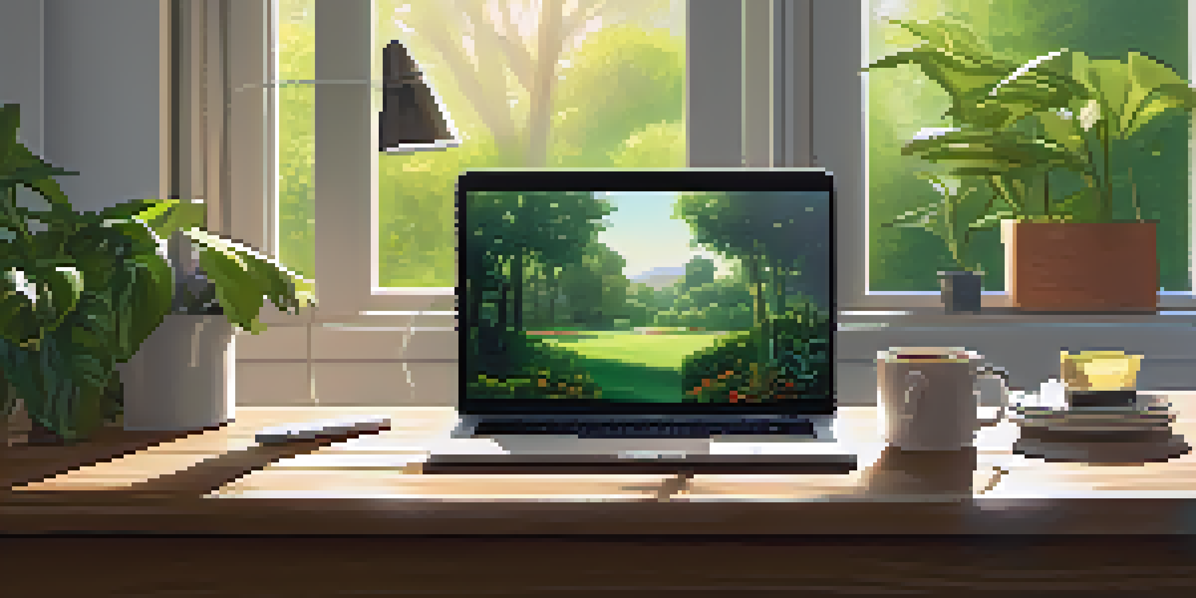 A well-lit modern workspace with a laptop, notepad, and coffee cup on a wooden desk, surrounded by greenery outside the window.