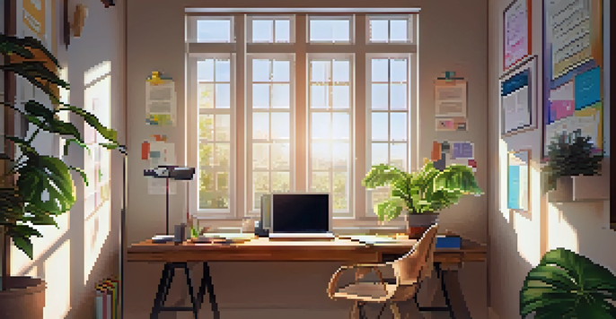A bright and cozy home office with a wooden desk, laptop, colorful stationery, and a potted plant, illuminated by natural sunlight.