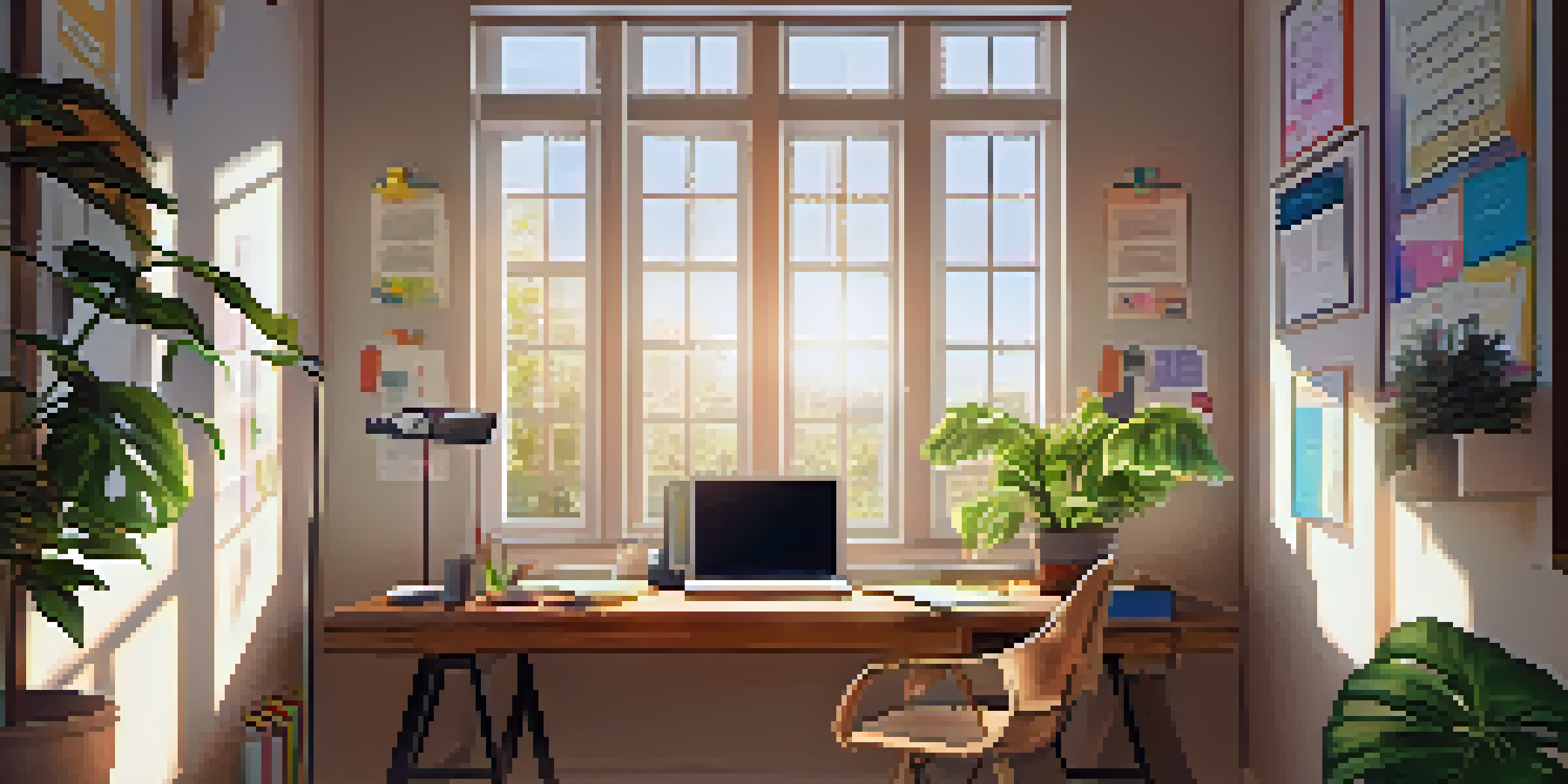 A bright and cozy home office with a wooden desk, laptop, colorful stationery, and a potted plant, illuminated by natural sunlight.