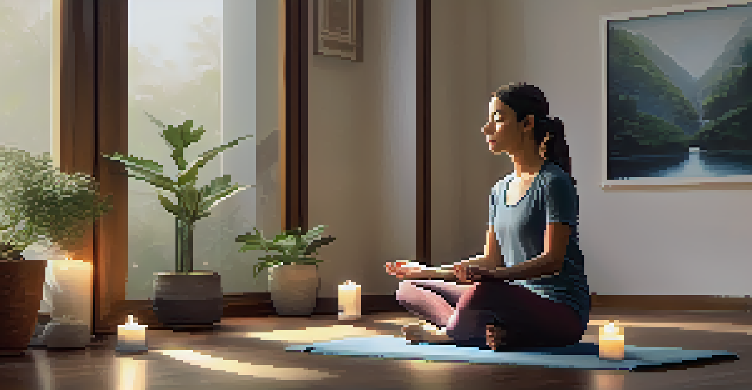 An individual meditating in a tranquil room with candles and plants, representing mindfulness and focus.