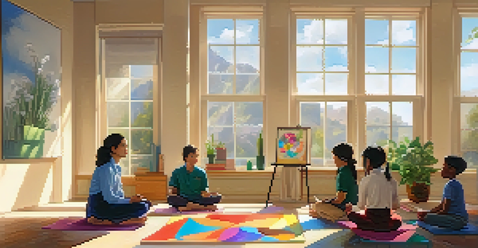 A peaceful classroom with a teacher practicing mindfulness while students engage in quiet activities.