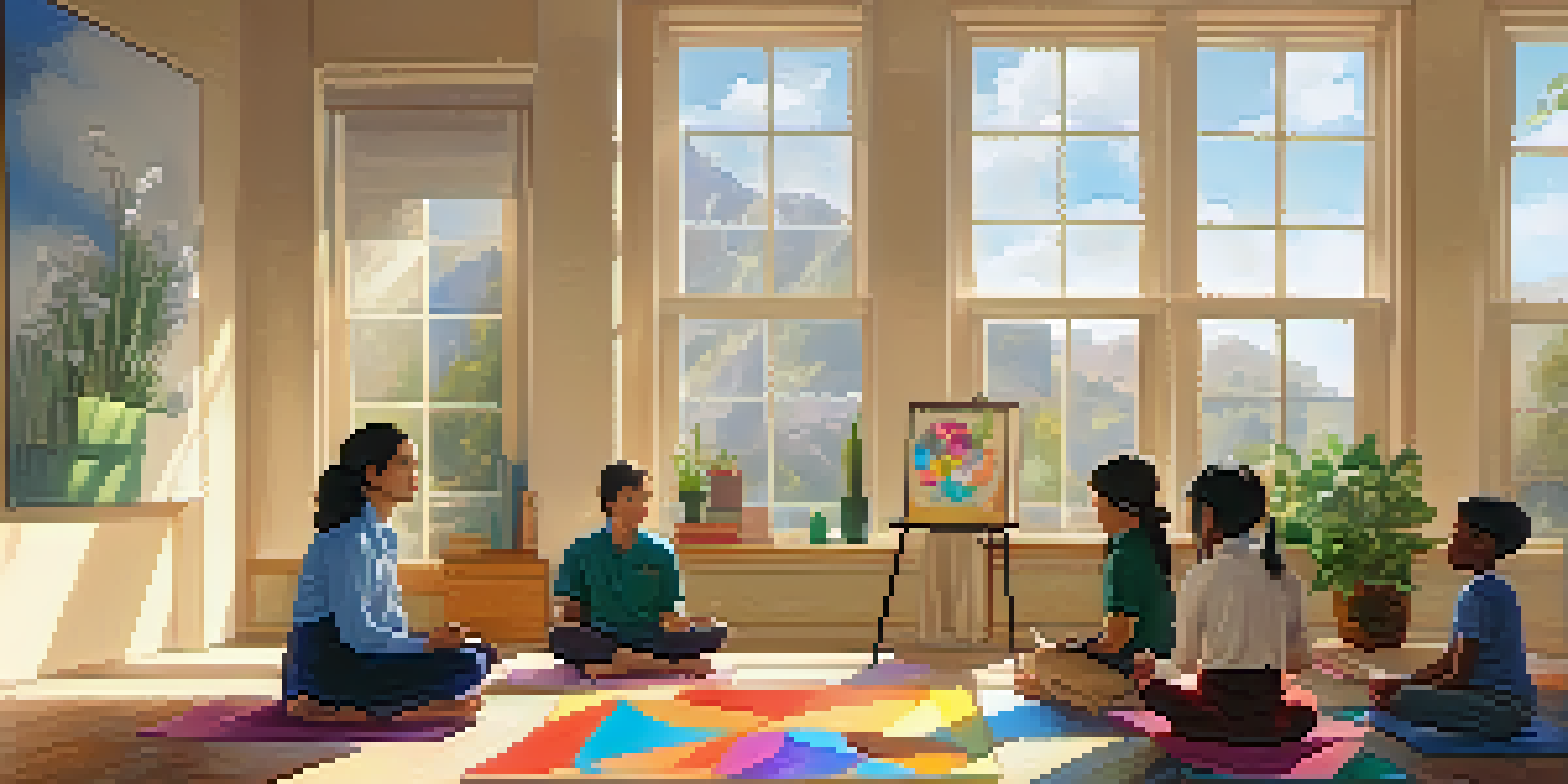 A peaceful classroom with a teacher practicing mindfulness while students engage in quiet activities.