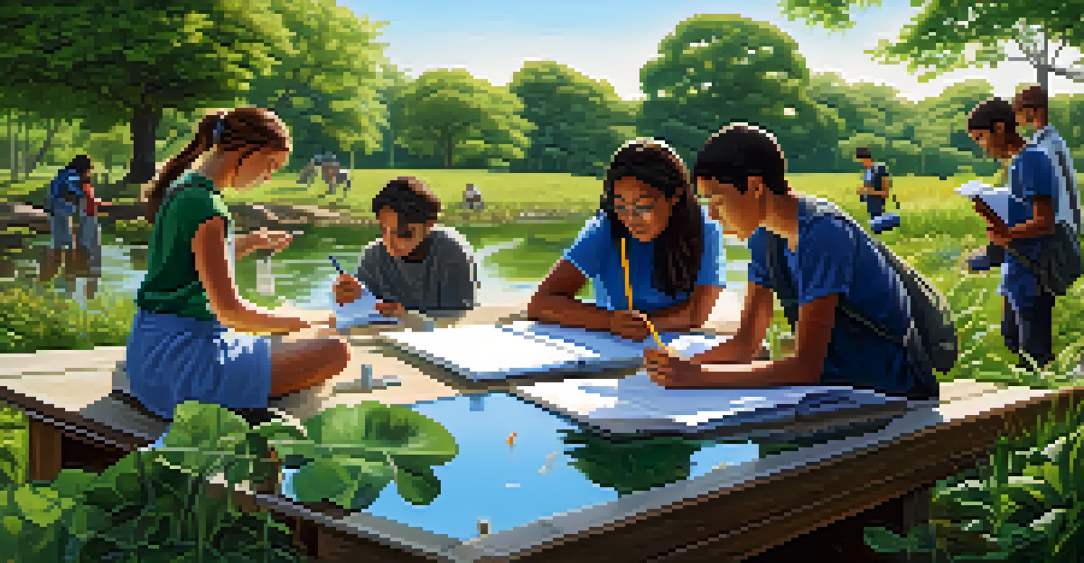 Students exploring a local water source, taking notes and measuring, surrounded by greenery and under a clear sky.