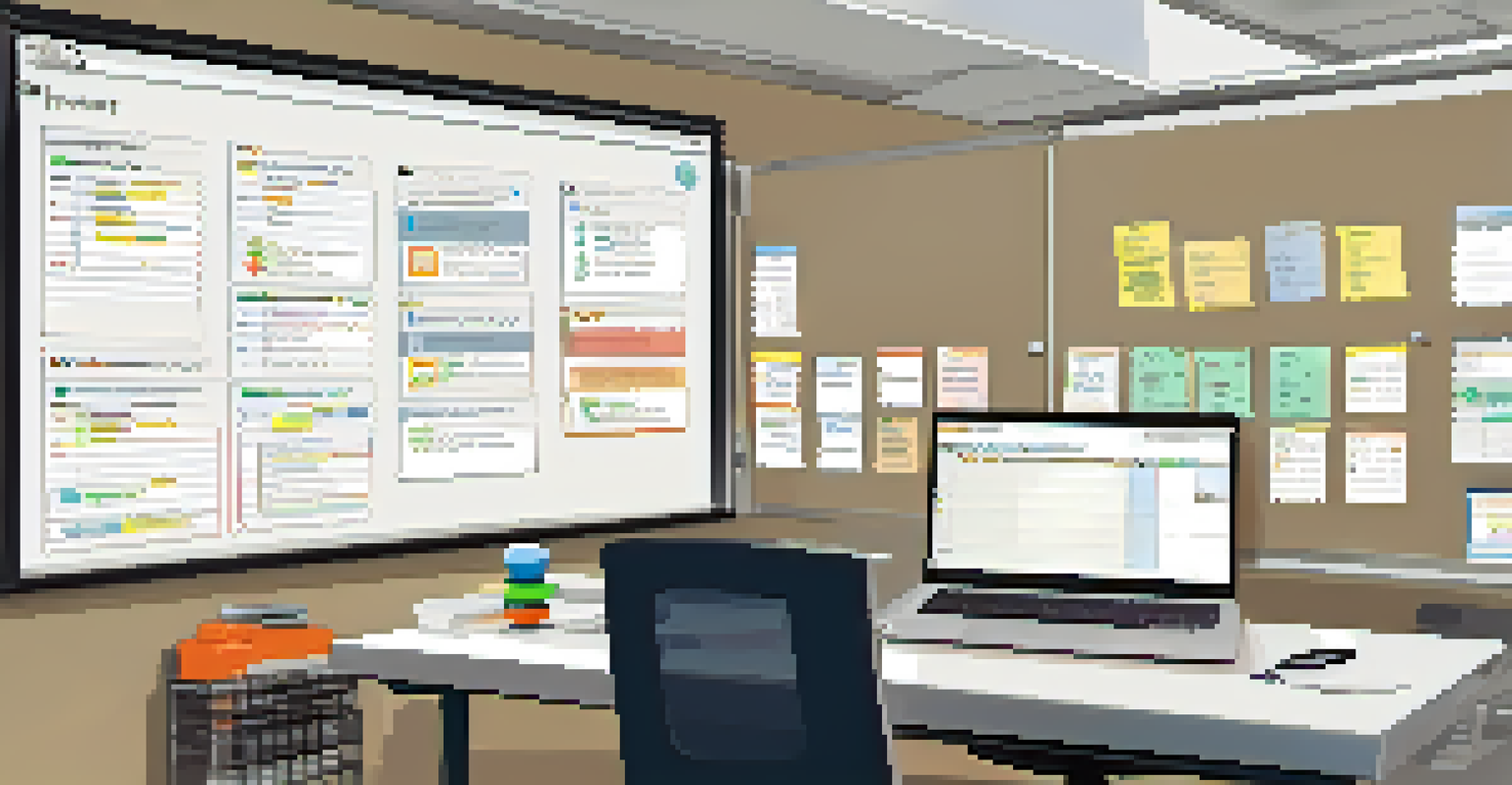 A workspace featuring a whiteboard with a priority matrix, a desk with a laptop, notebooks, and a clock, illuminated by natural light from a window.