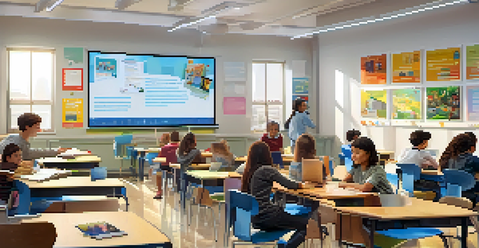 A vibrant classroom with students using laptops and tablets, engaged in digital learning with large screens in the background.