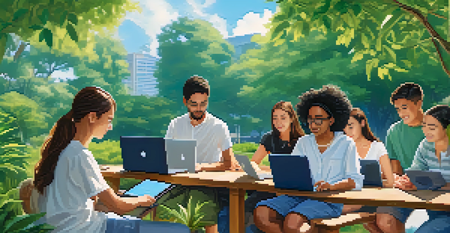 A group of international students working together outdoors on laptops, surrounded by nature, representing collaboration and technology.