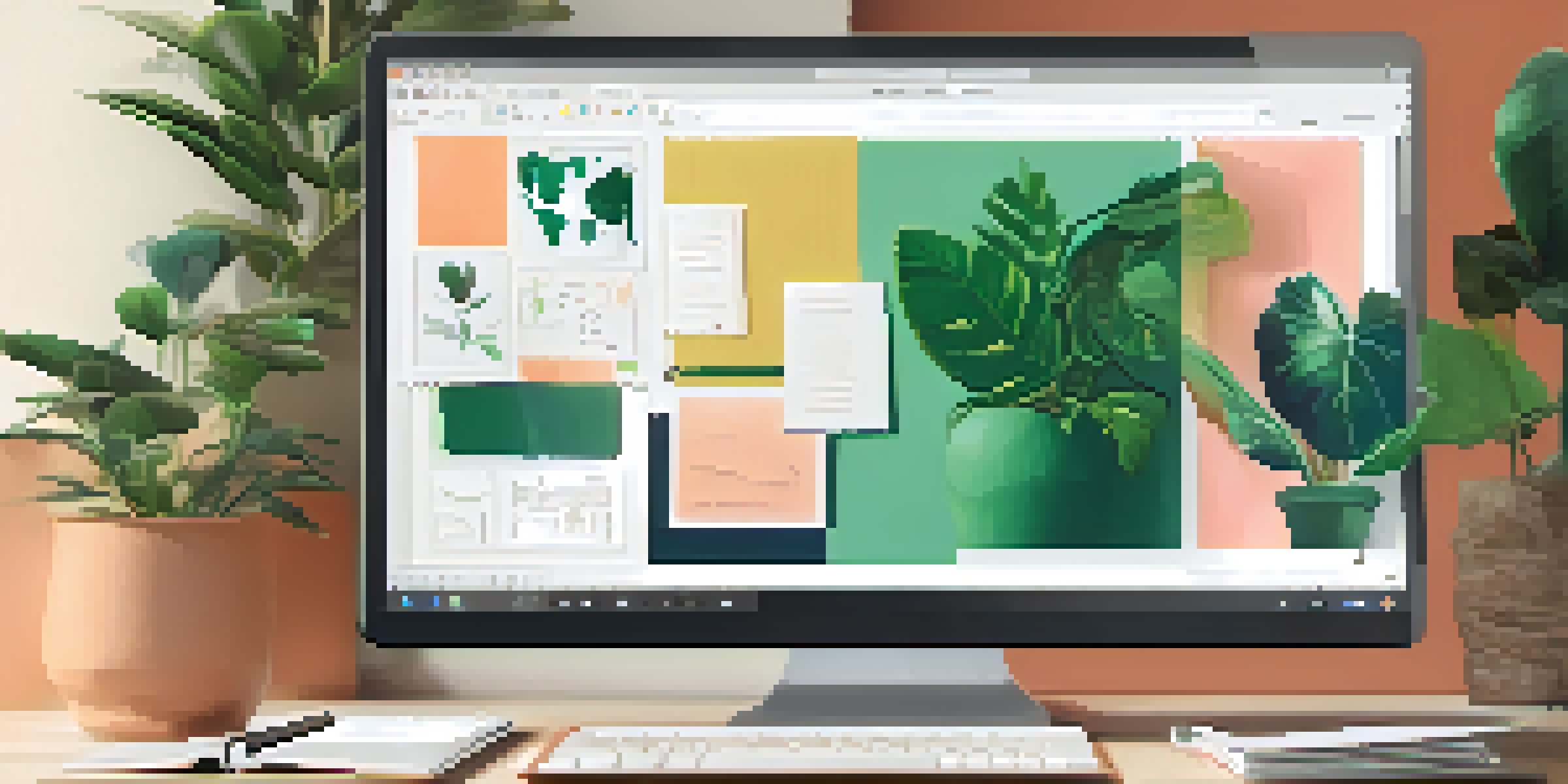 A laptop displaying a digital portfolio in a cozy study area, surrounded by sketches, photographs, and a potted plant.