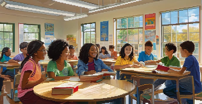 A diverse group of students in a classroom discussing around a circular table with books and laptops, surrounded by educational posters and sunlight.