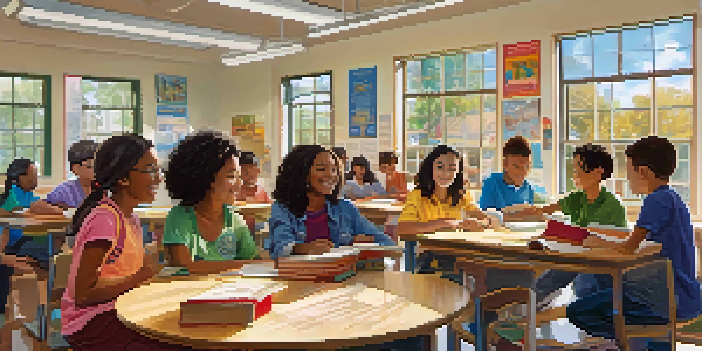 A diverse group of students in a classroom discussing around a circular table with books and laptops, surrounded by educational posters and sunlight.