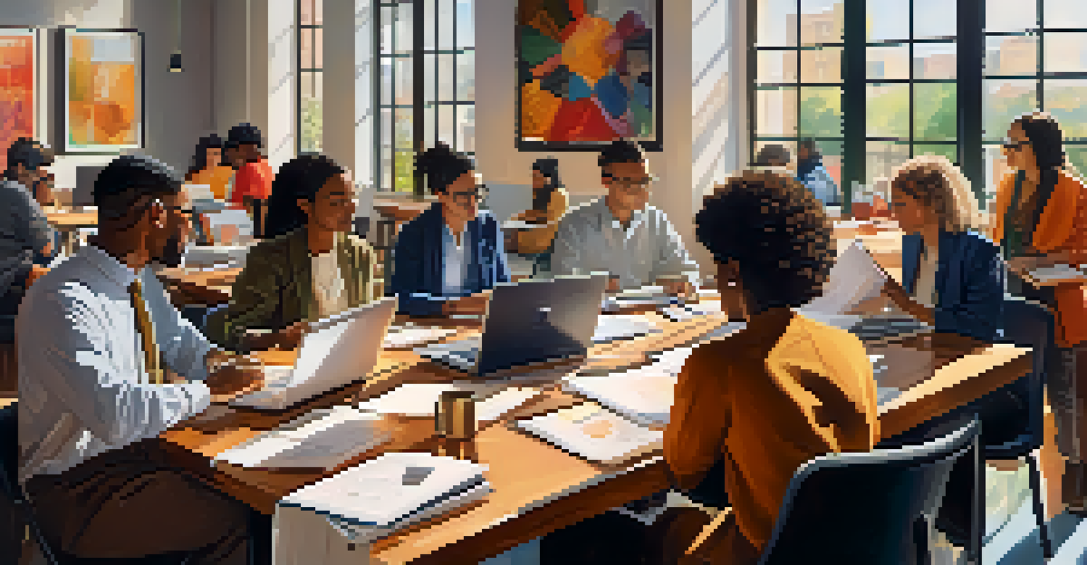 A diverse group of professionals collaborating in a workshop, surrounded by notebooks and laptops, with sunlight streaming in.