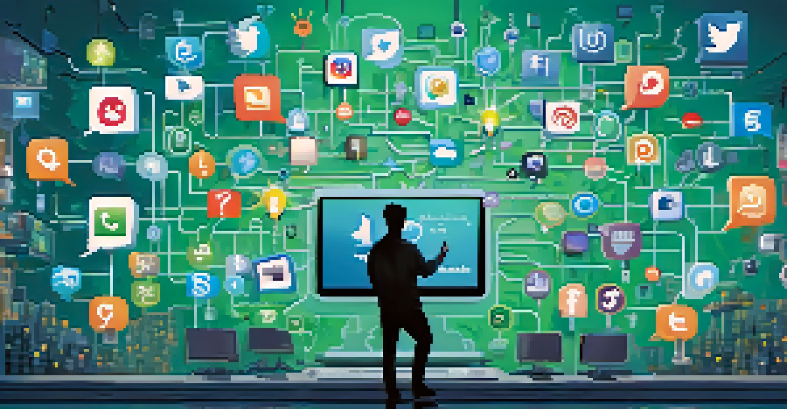 A person analyzing social media icons on a screen, surrounded by question marks and lightbulbs representing critical thinking.