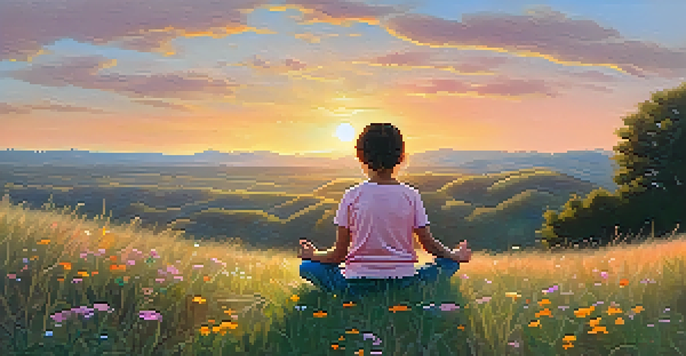 A child practicing mindfulness on a grassy hilltop during sunset, surrounded by wildflowers and a colorful sky.