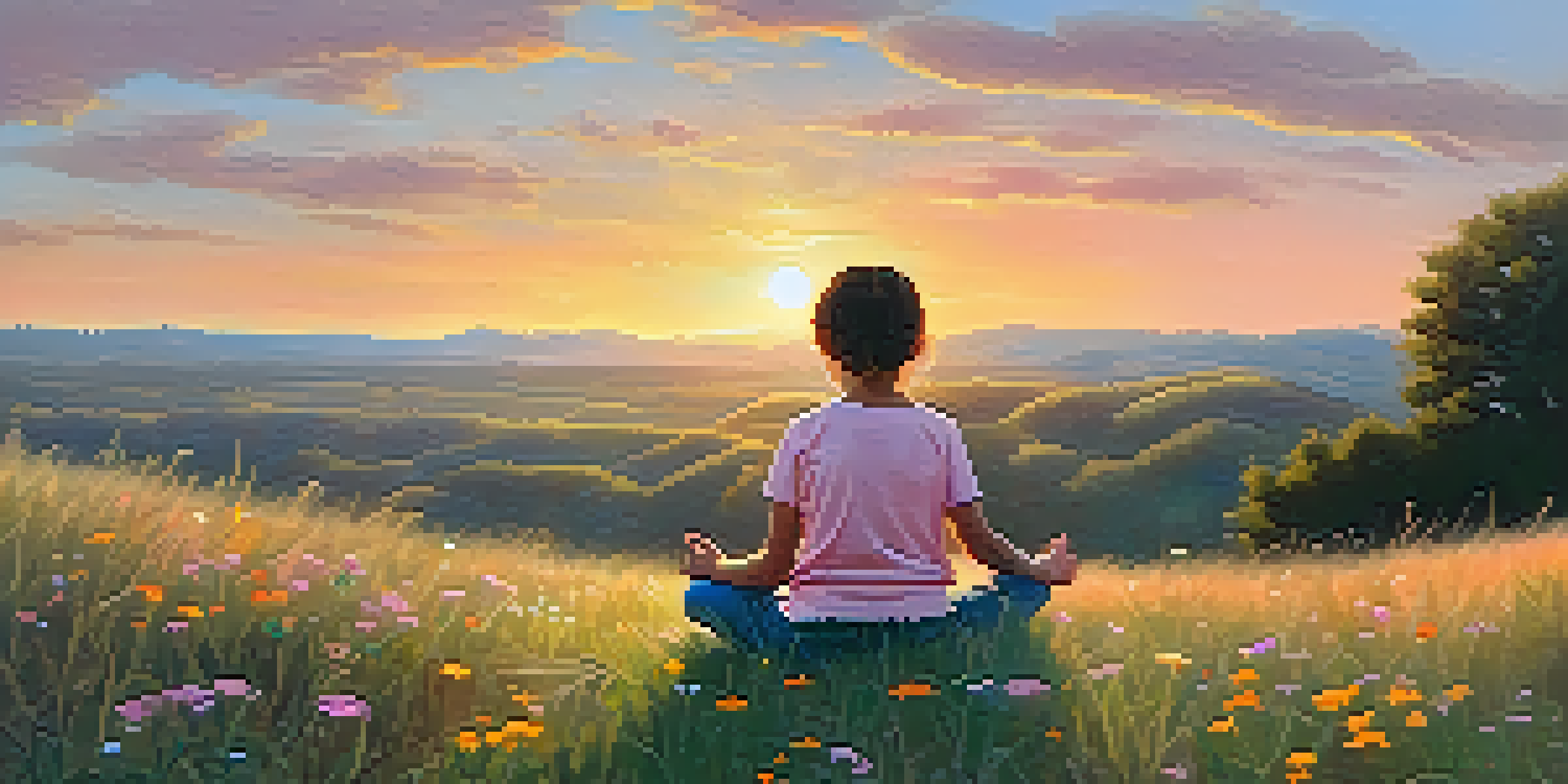 A child practicing mindfulness on a grassy hilltop during sunset, surrounded by wildflowers and a colorful sky.