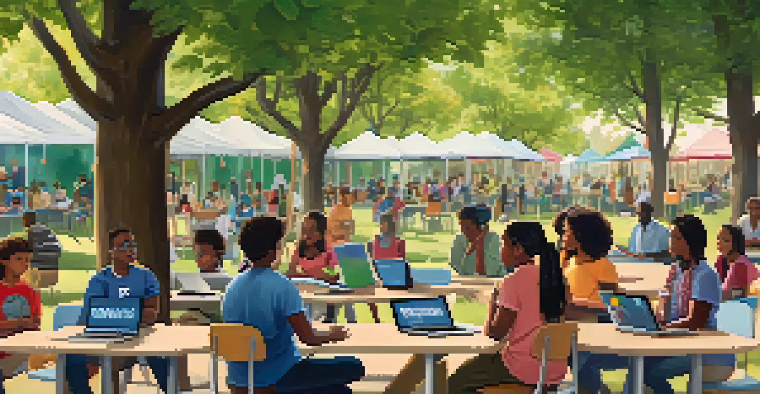 A community gathering in a park with parents, teachers, and students discussing education initiatives, with laptops on tables and banners in the background.