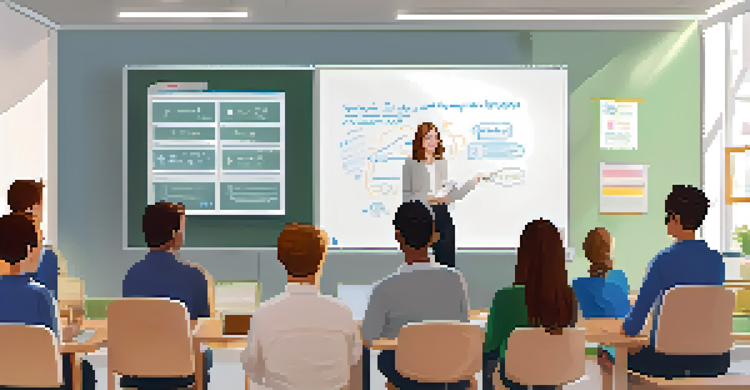 An educator demonstrating online teaching strategies to a group of teachers in a modern classroom with digital tools.