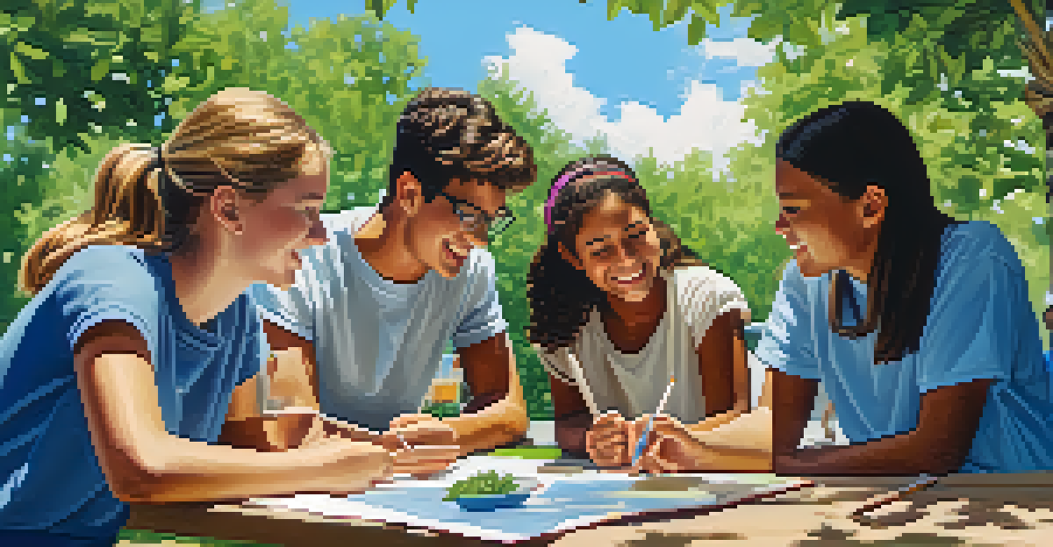 Students sitting around a picnic table in a green outdoor setting, discussing a project with enthusiasm.