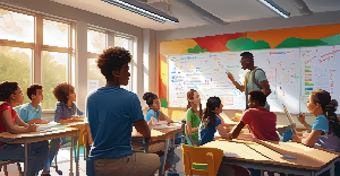 A classroom with diverse students working together on math problems at a whiteboard, with sunlight illuminating the room.