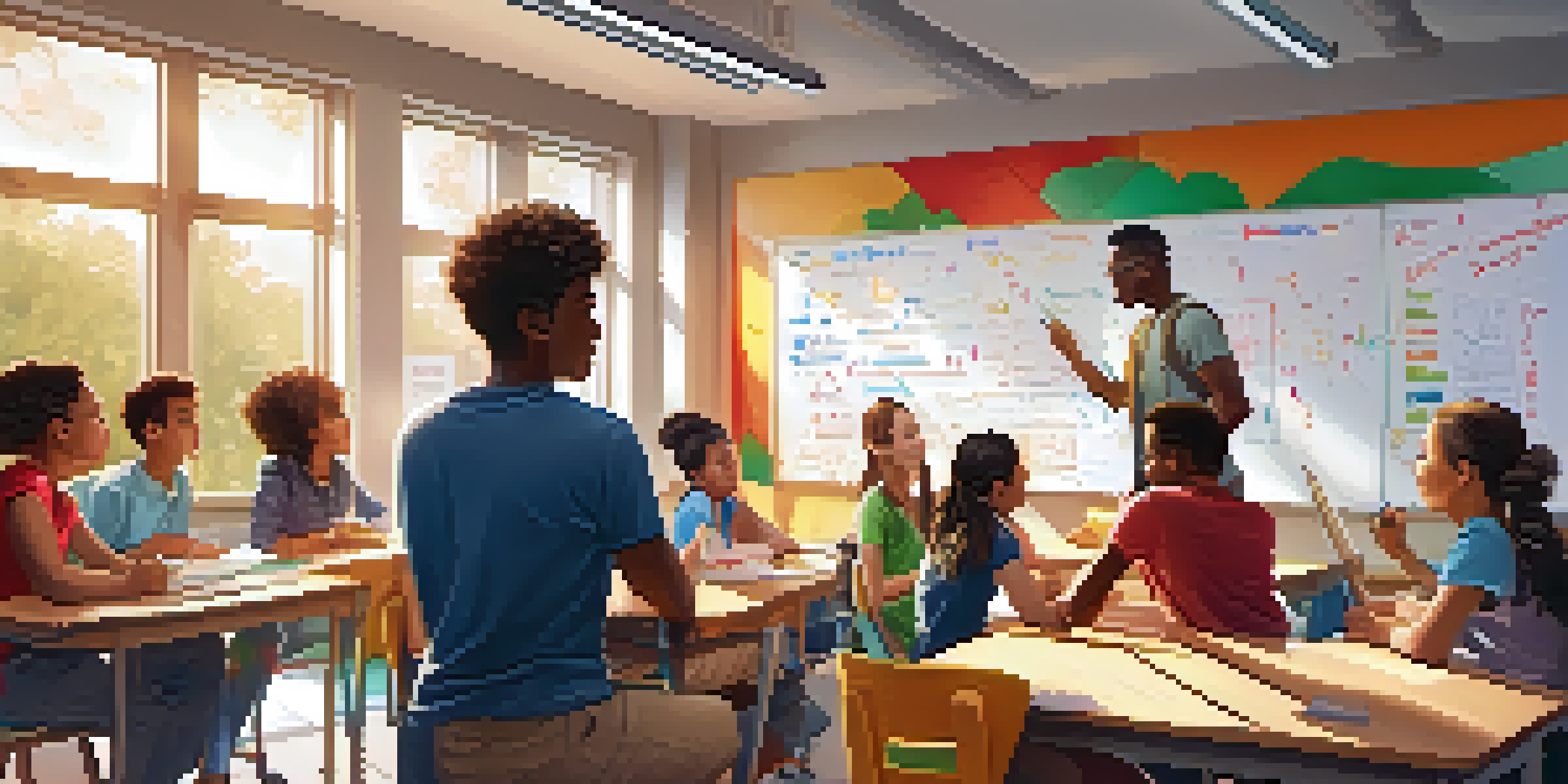 A classroom with diverse students working together on math problems at a whiteboard, with sunlight illuminating the room.