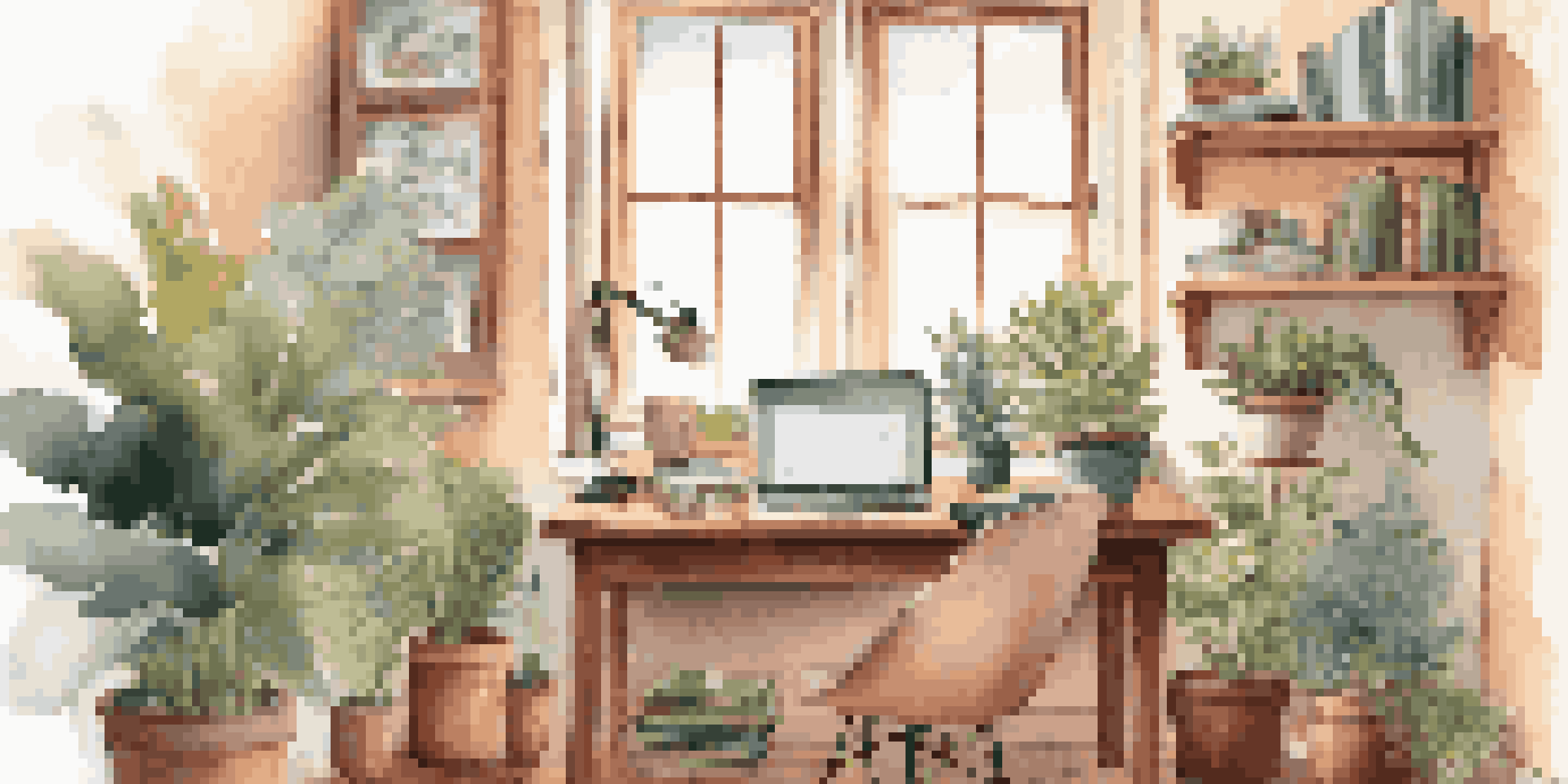 A home office with an adult learner studying on a laptop surrounded by books and plants, bathed in warm natural light.