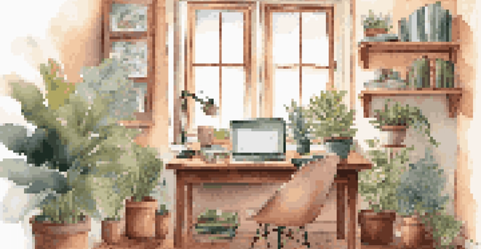 A home office with an adult learner studying on a laptop surrounded by books and plants, bathed in warm natural light.