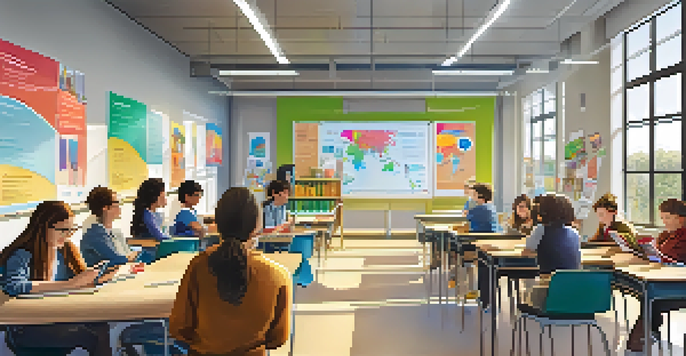 A bright classroom with students using tablets and laptops while collaborating in groups, with a teacher guiding them.