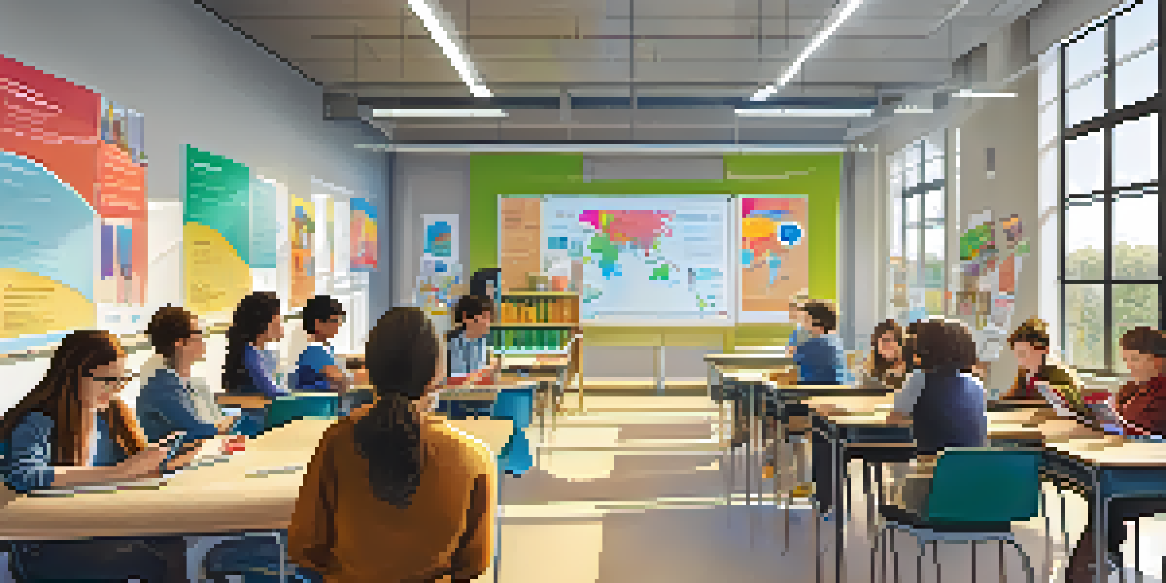A bright classroom with students using tablets and laptops while collaborating in groups, with a teacher guiding them.