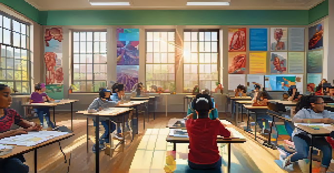 A lively classroom with students wearing virtual reality headsets, exploring human anatomy, illuminated by sunlight.