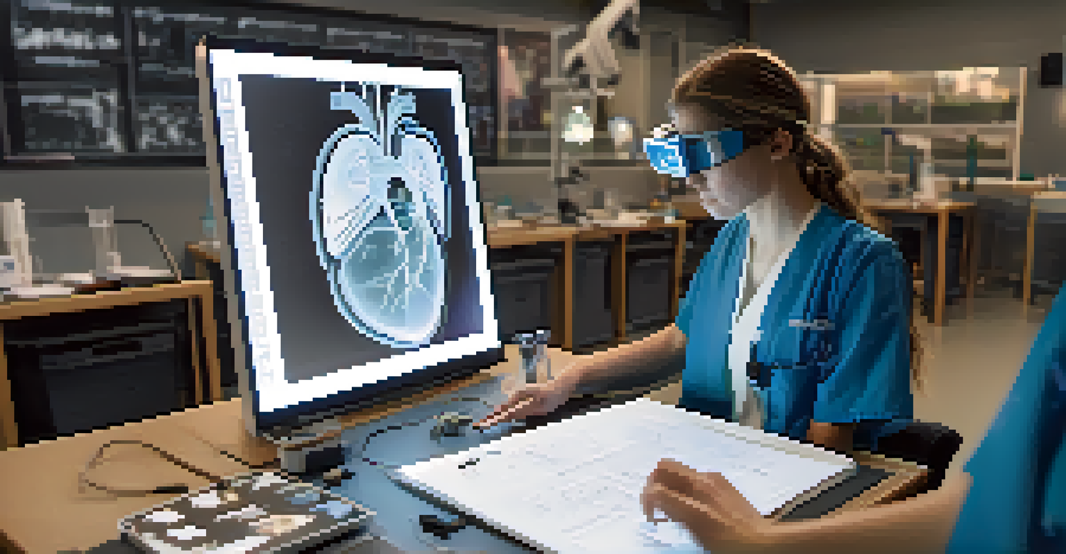 A medical student studying a 3D augmented reality model of the human heart in a modern lab.