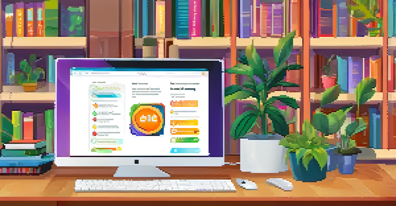 A close-up view of a computer screen showing an interactive online quiz, with a cozy study area in the background filled with books and plants.