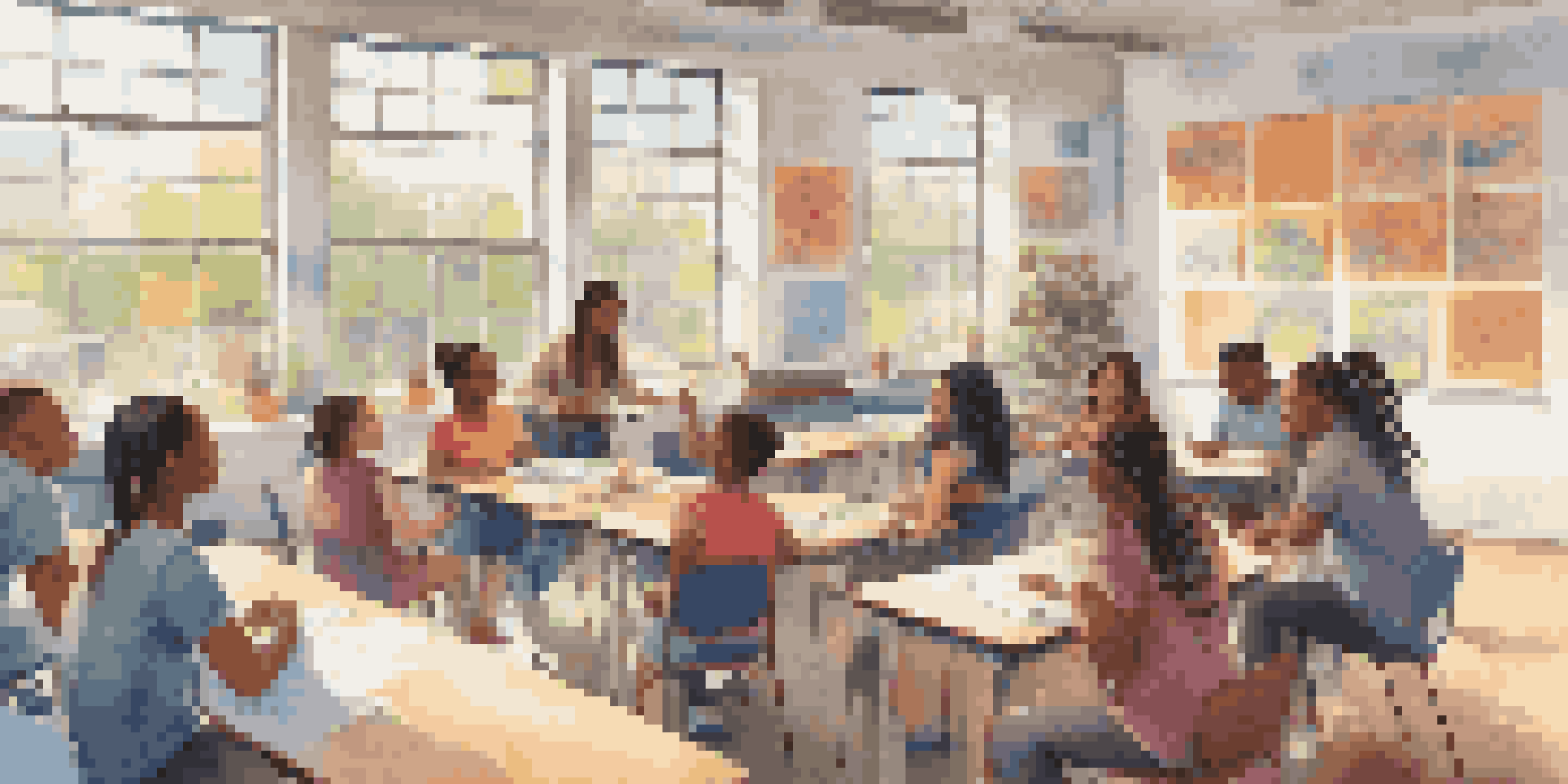 A diverse group of students working together in a bright classroom, with a teacher guiding them in discussion.