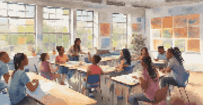 A diverse group of students working together in a bright classroom, with a teacher guiding them in discussion.