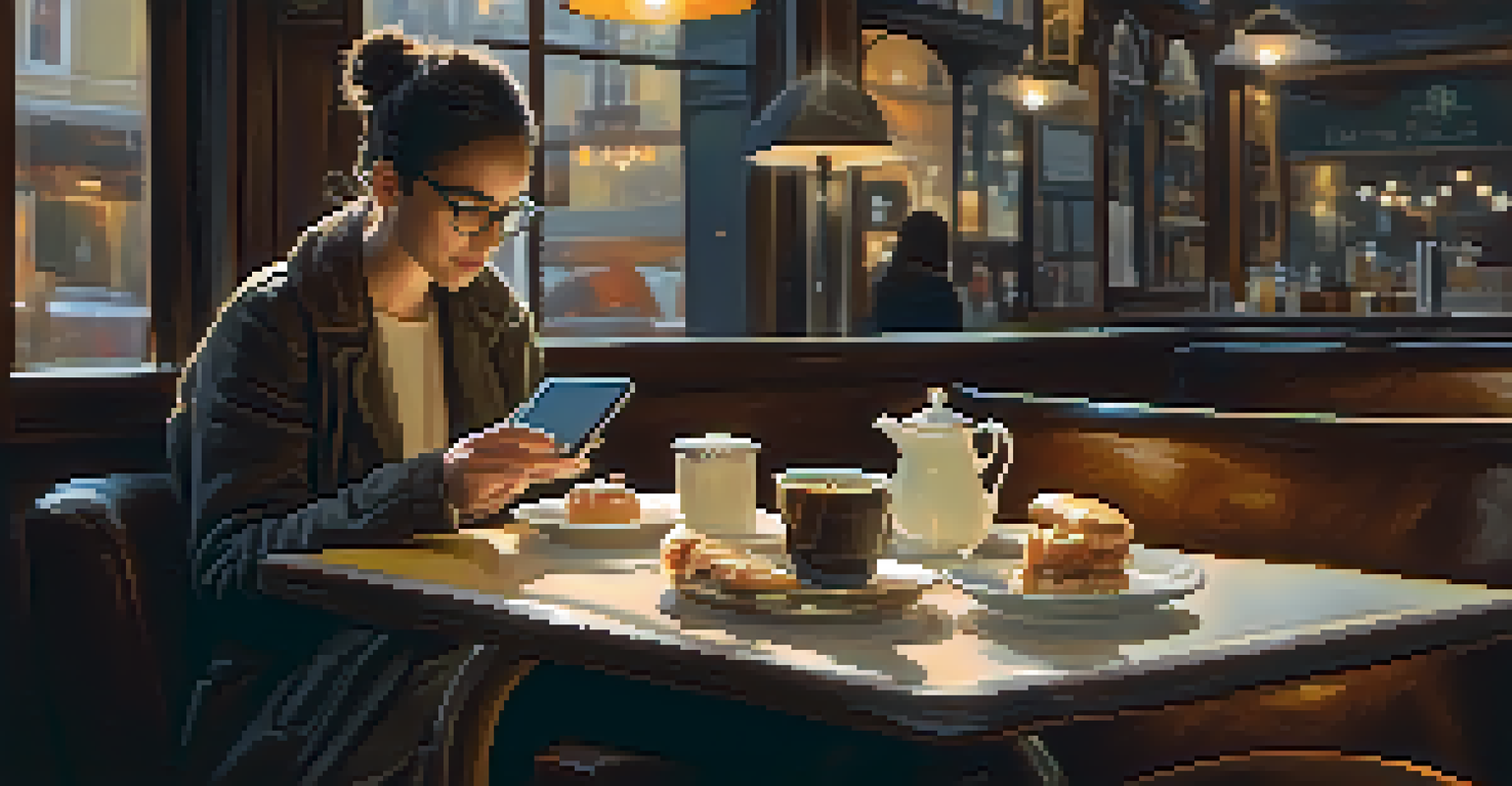 A person using a smartphone to study in a café, with tea and pastries on the table, surrounded by soft warm lighting.